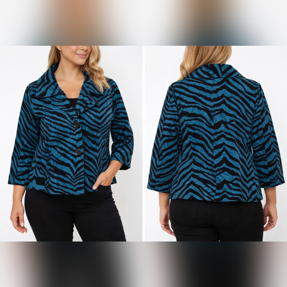 NWT Susan Graver Style Velvet Zebra Print Jacket Blazer Blue/Gr Black Size Large